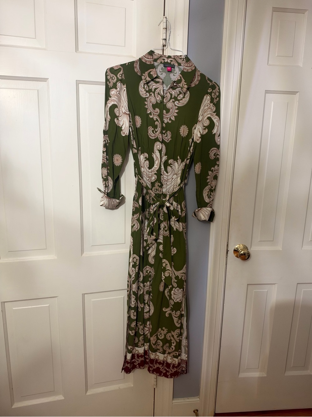 Vince Camuto Olive Green Paisley Maxi Wrap Dress